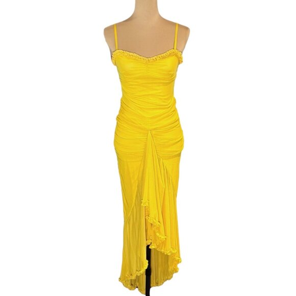 NWOT Asymmetrical Ruffle Maxi Dress Sz.S Yellow Mesh Stretchy Fairy Formal Y2K - Picture 4 of 11